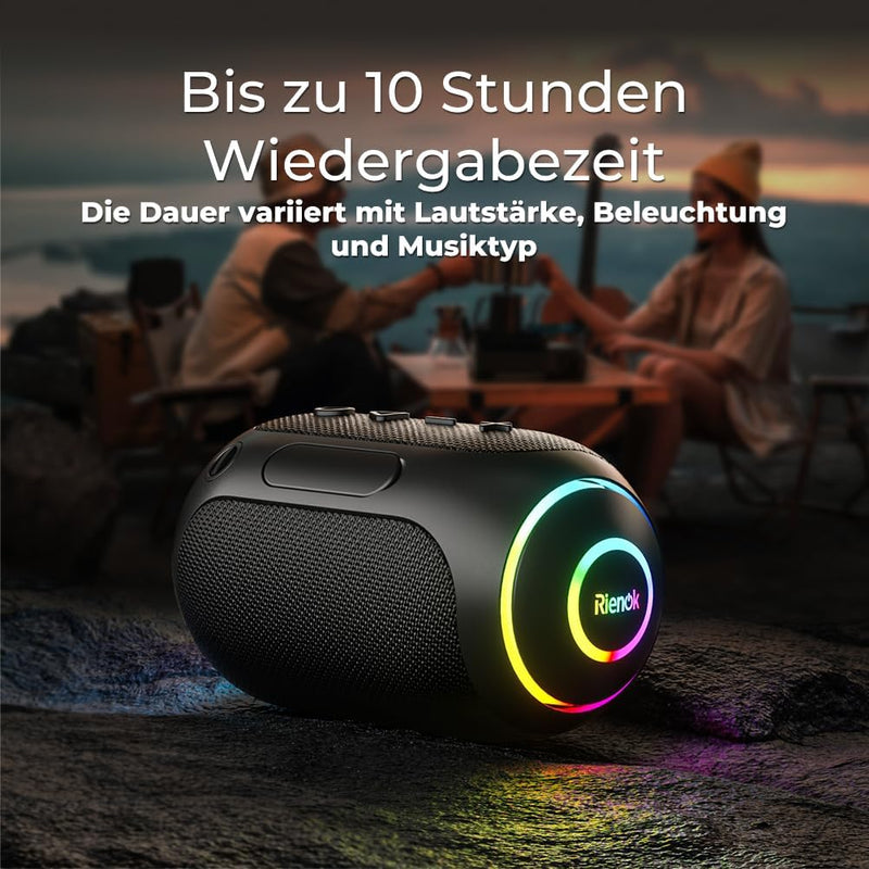 RIENOK Bluetooth Lautsprecher LED Bluetooth 5.3 Klein Tragbar Musikbox Stereo Kabellos Box mit 10 St