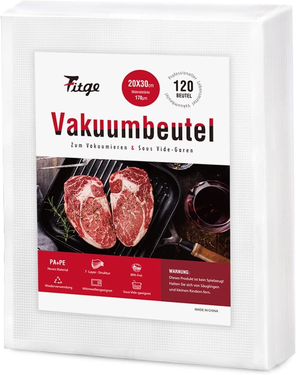 Fitge Vakuumierbeutel 170µm 20x30cm 120 Beutel für alle Vakuumiergeräte Vakuumbeutel für Lebensmitte