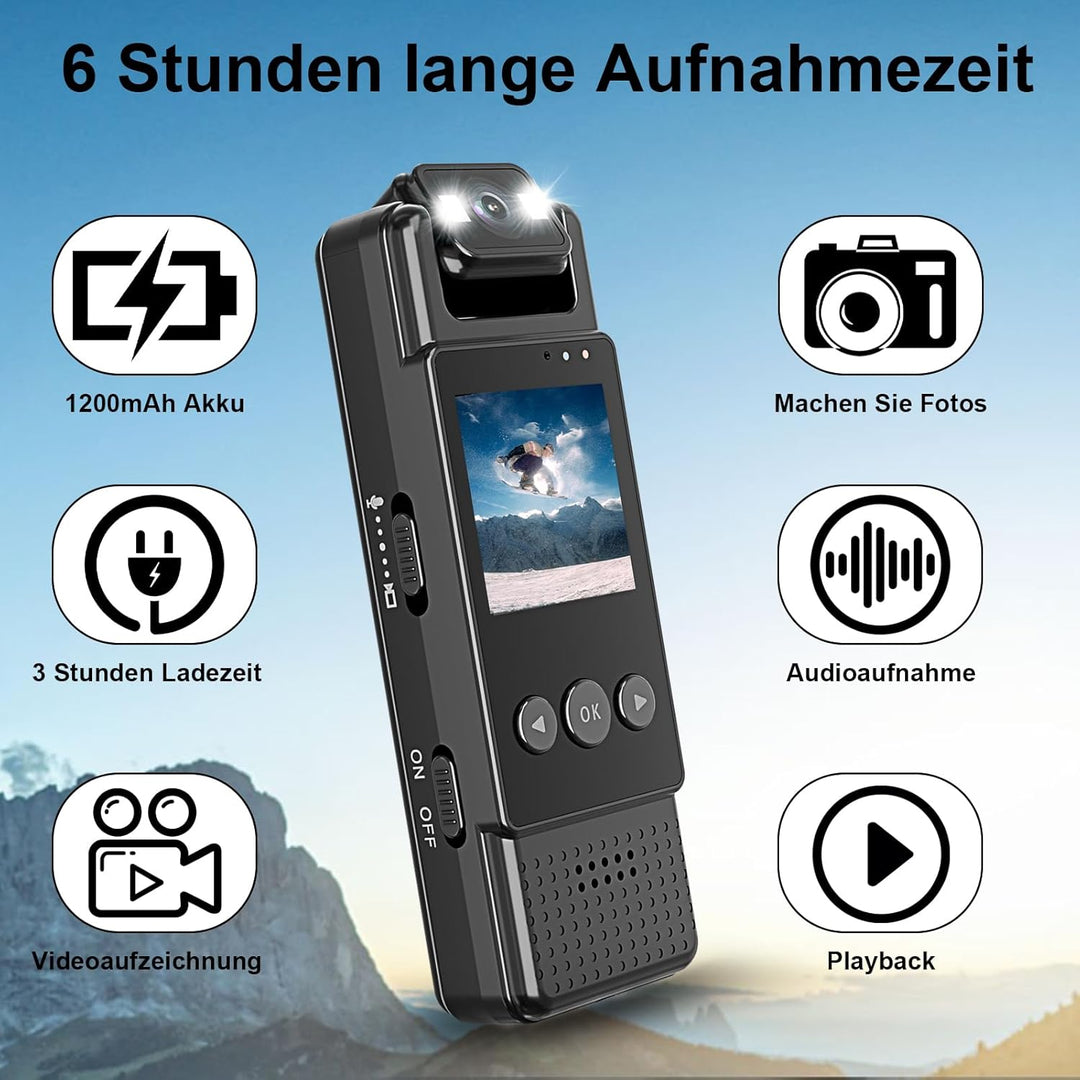 1080P Körperkamera,POV Camera Tragbare Mini Kamera Mini Überwachungskamera mit 180° drehbarem Objekt