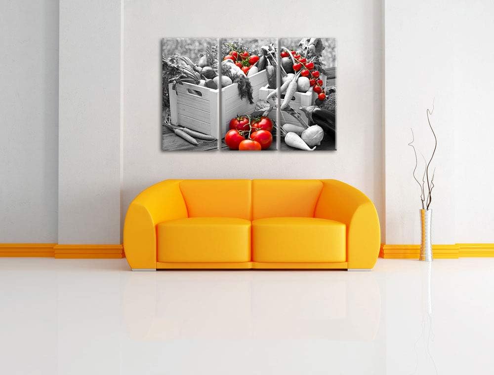 Pixxprint Gemüse in Holzkisten als Leinwandbild | Grösse: 3 Teilig (120x80) | Wandbild| Kunstdruck |