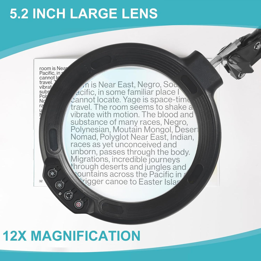 12 Fach Lupe mit Licht und Ständer, 5.2" Lupe mit 5 Farbmodi 10 dimmbare Helligkeit, 2-in-1-Schreibt
