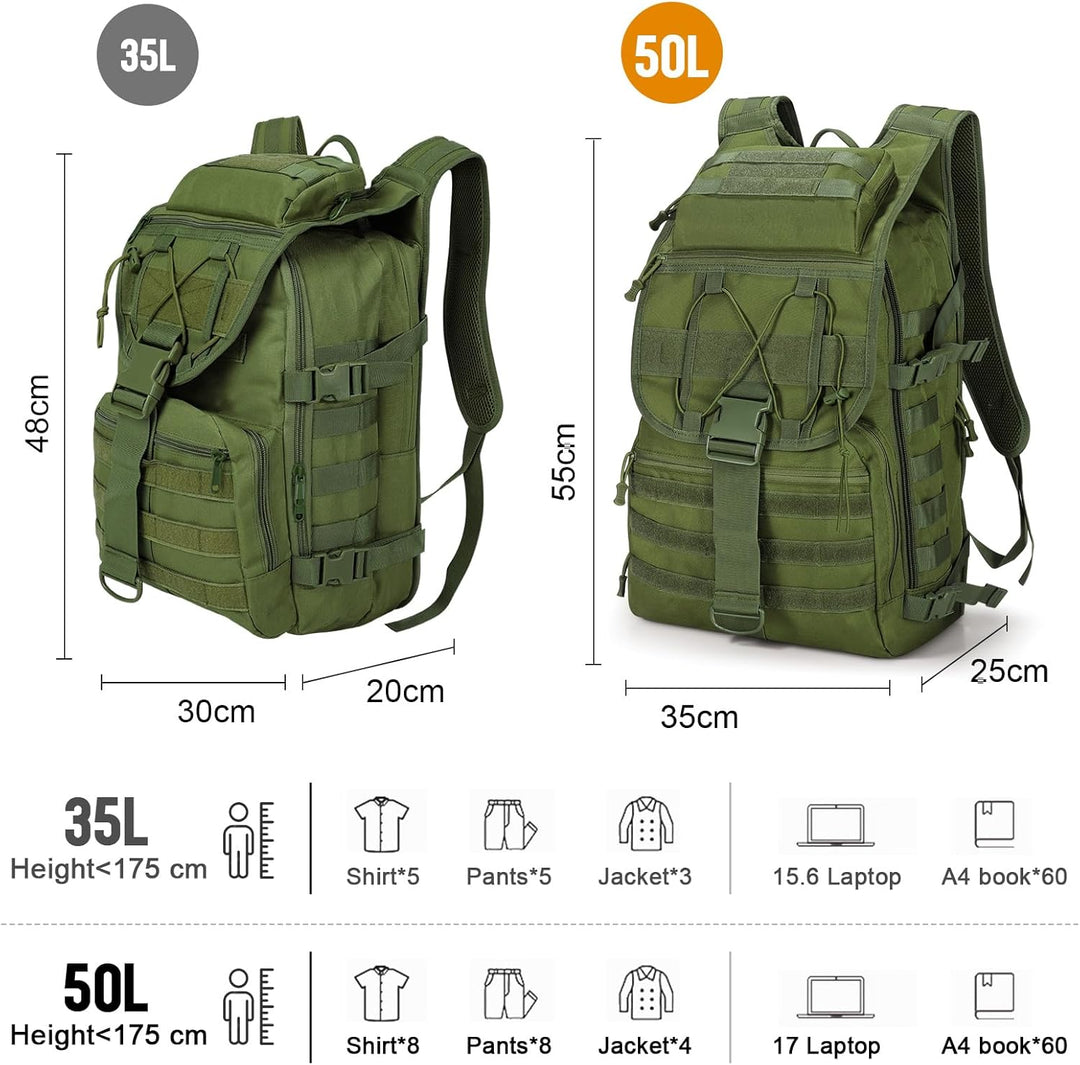 SHANNA Militärrucksack 35L/50L Armee Rucksack Molle, Hohe Kapazität Trekkingrucksack Wanderrucksäcke