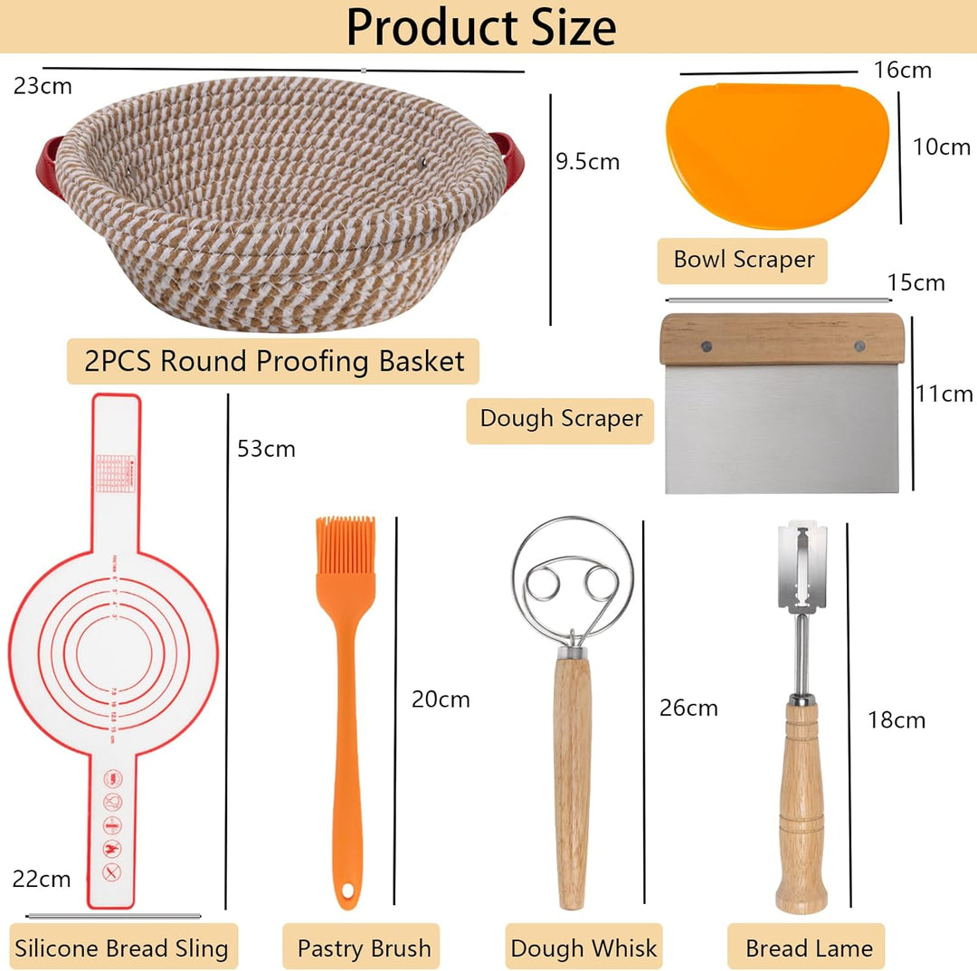 2 Gärkörbchen Rund,Sauerteig Starter Set,Geflochtener Gärkorb aus Baumwolle,Brot Backen Zubehör Mit