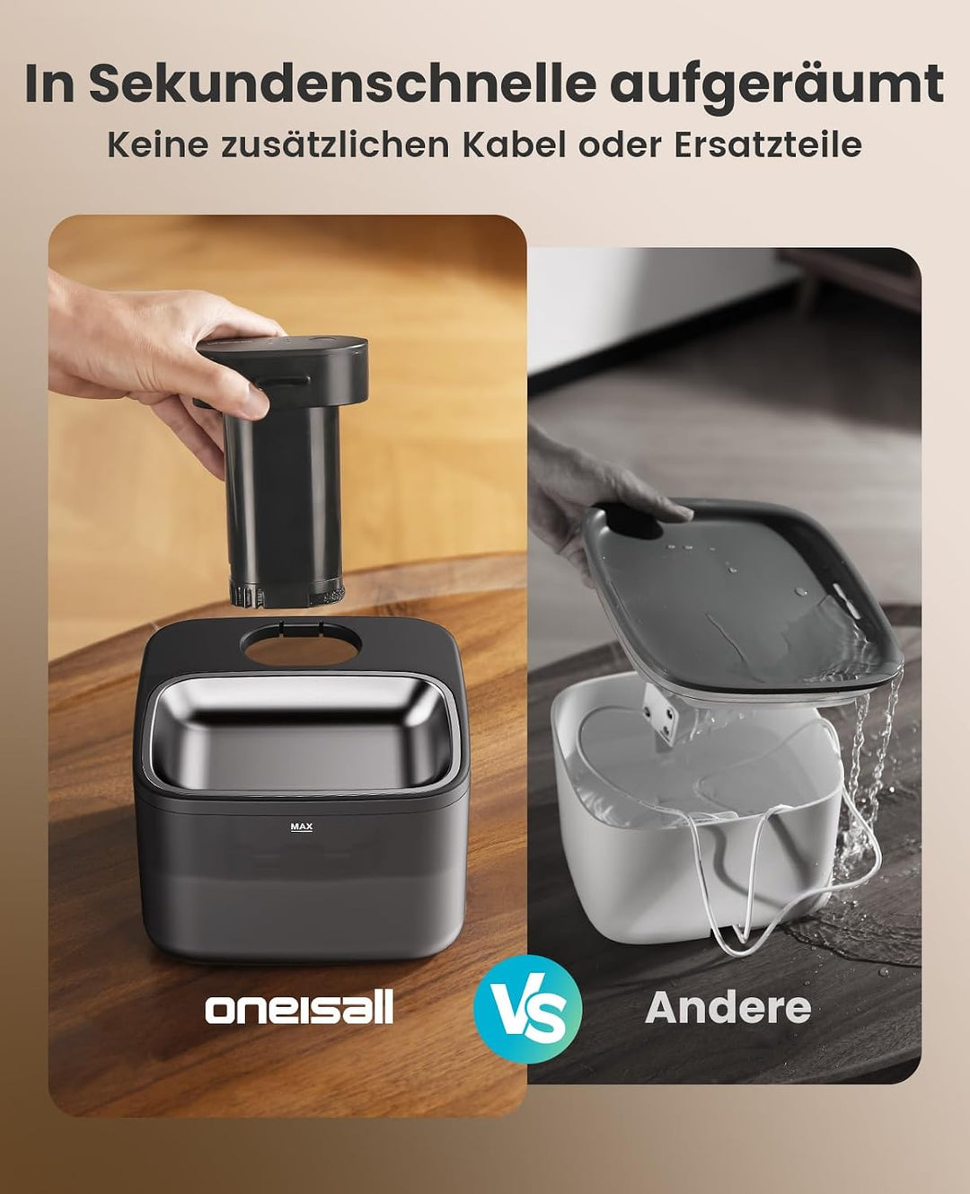 Oneisall 2.2L Kabelloser Katzenbrunnen Edelstahl mit Bewegungsmelder Katze | 4000mAh Akku 45 Tage La
