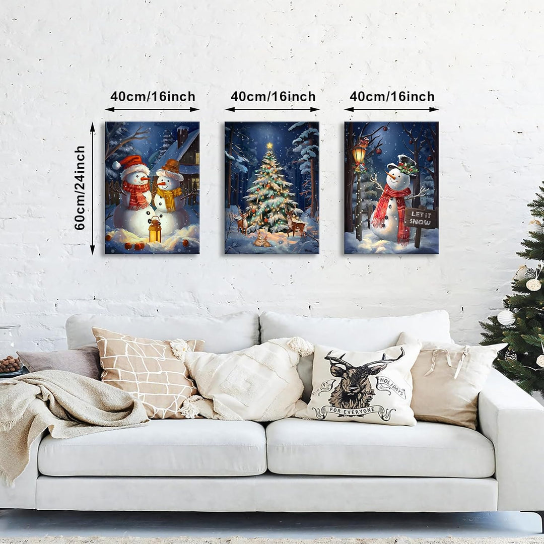 3Pcs Leinwandbilder Bilder mit Rahmen Blau Weihnachten Schnee Schauplatz bild auf leinwand Schneeman