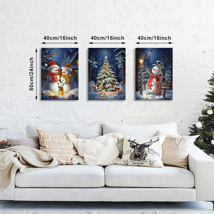 3Pcs Leinwandbilder Bilder mit Rahmen Blau Weihnachten Schnee Schauplatz bild auf leinwand Schneeman