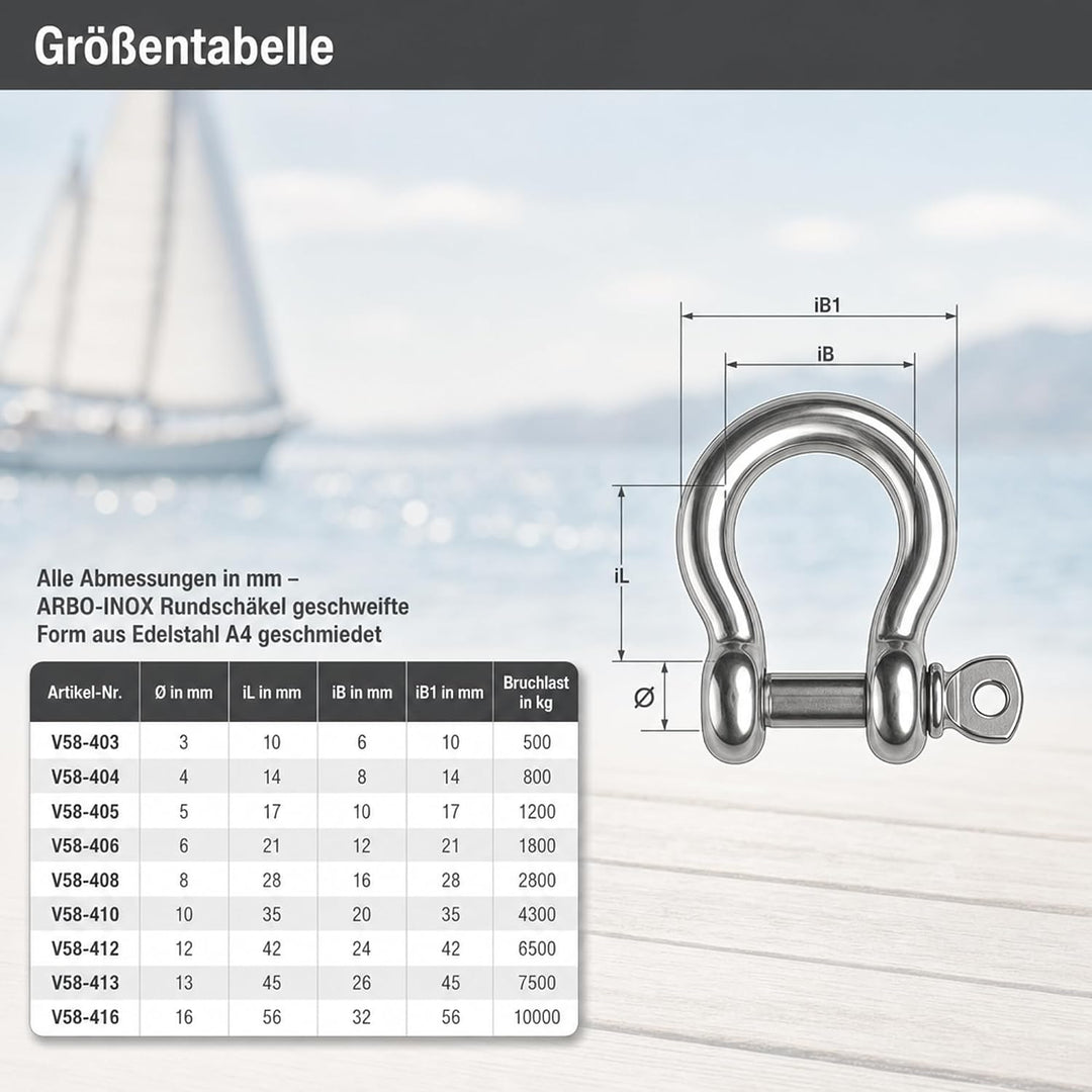 ARBO-INOX Rundschäkel geschweifte Form aus Edelstahl A4 geschmiedet 16 mm, 16 mm