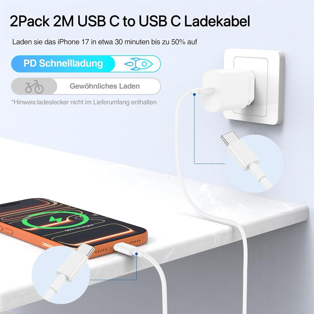 45W USB C Ladegerät, 2Pack Ladekabel USB C 2M Original mit Netzteil für Apple iPhone 17 16e 15/17 16