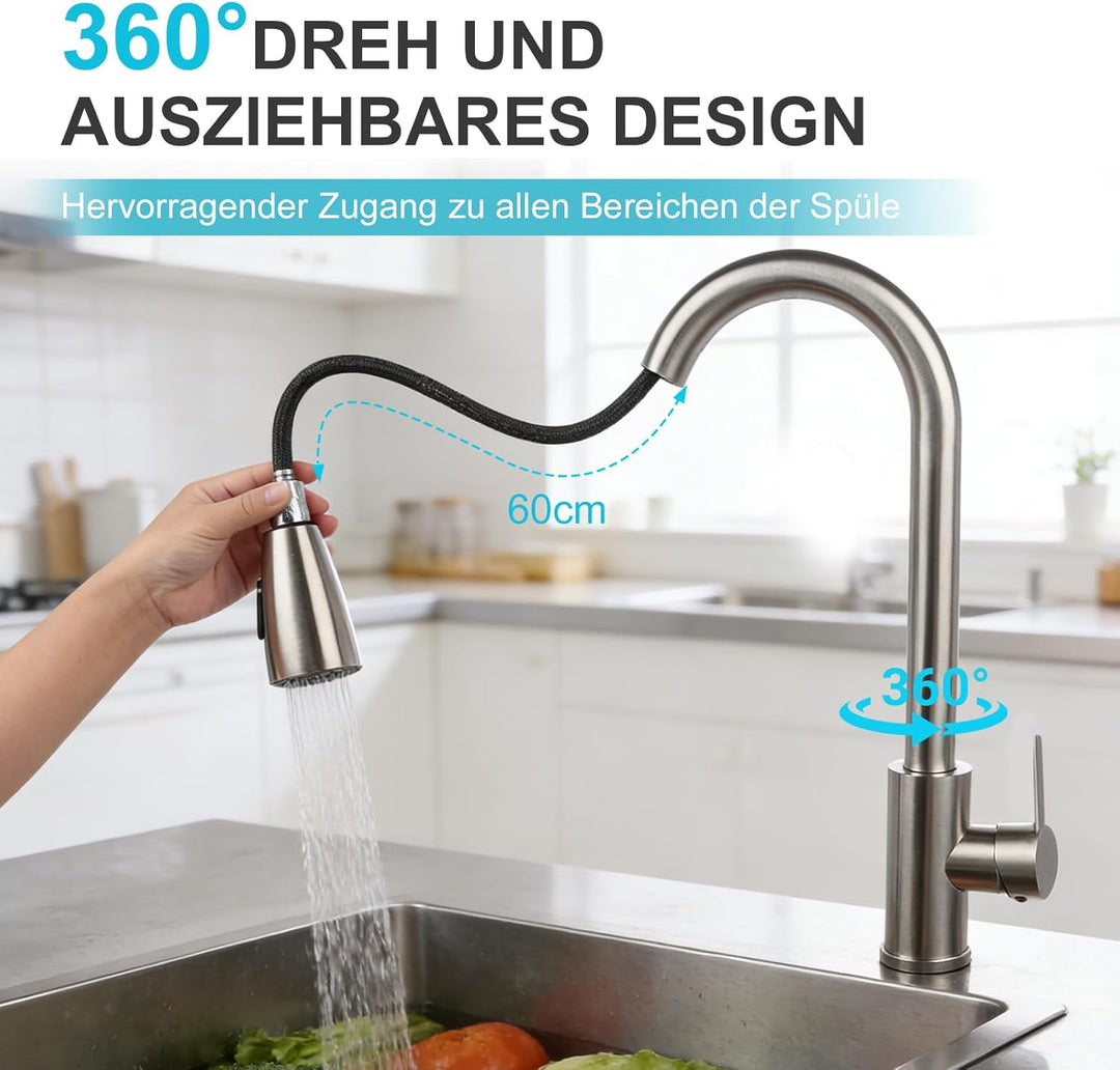 Wasserhahn Küche, Hochdruck Küchenarmatur mit Herausziehbarer Brause, Armatur Wasserhahn Spüle Küche