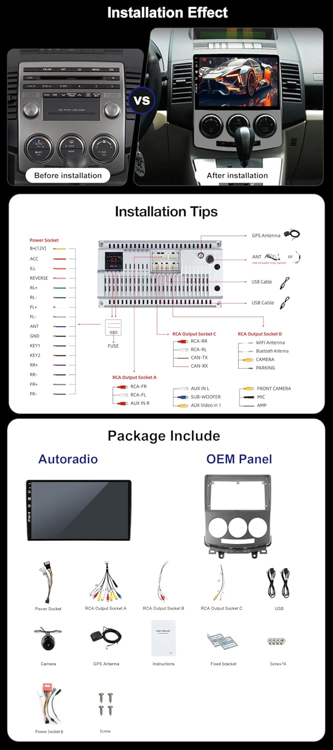 SXAUTO Android 12 IPS Autoradio für Mazda 5 (2005-2010) - Eingebaut CarPlay/Android Auto - Rückfahrk