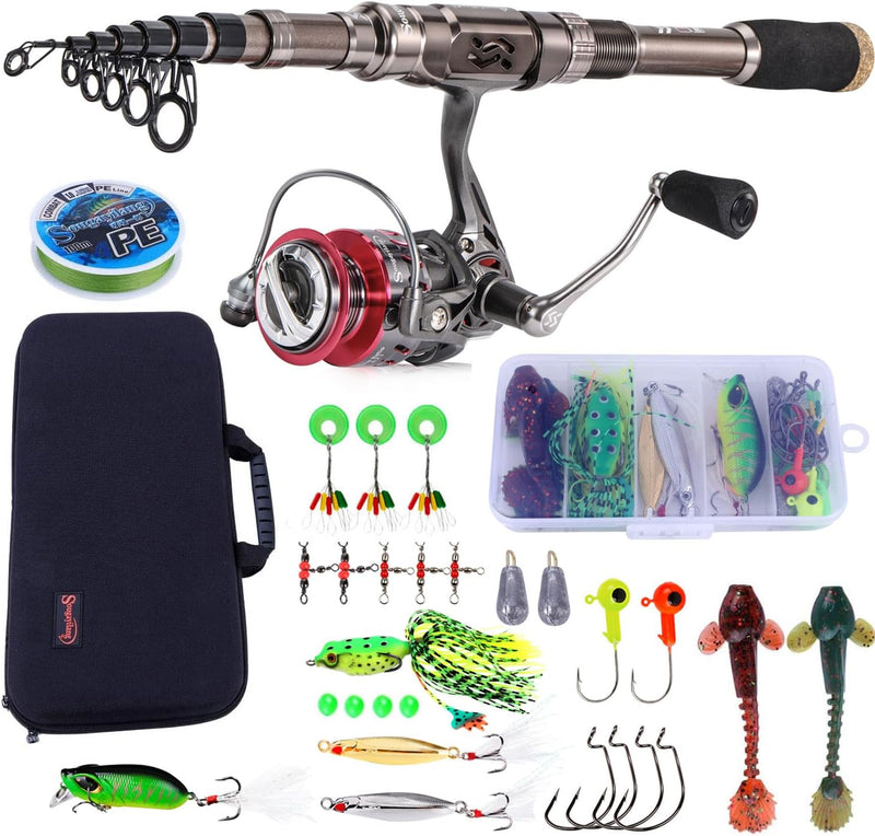 Sougayilang Angelrute und Rolle Combos, Kohlefaser Teleskop Angelrute 12 +1 BB Spinning Reel mit Tra