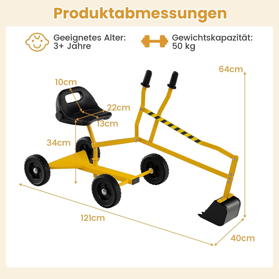 COSTWAY Sitzbagger 360° drehbar, Bagger zum Draufsitzen mit Schaufel & Rädern, Kinderbagger Metall,