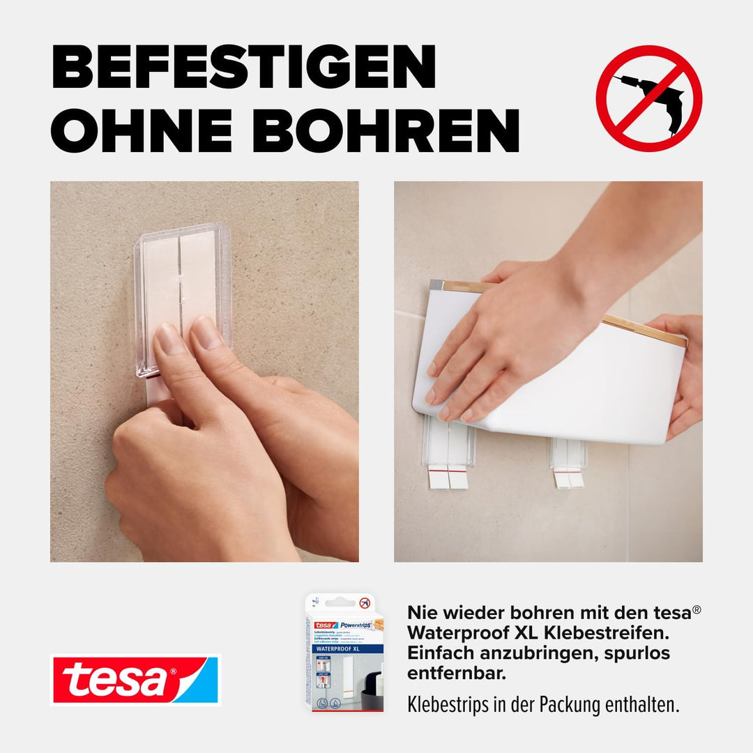 tesa® Baboo XL Badorganizer mit Bambus-Deckel, matt-weiss - Bad-Aufbewahrungsbox zur Wandmontage ohn
