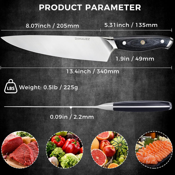 Kochmesser, 20 cm Klingenlänge Küchenmesser, Profi Fleischmesser aus Rostfreiem Edelstahl 5Cr15MoV,