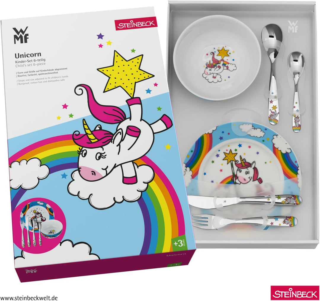 WMF Einhorn Kinder Geschirrset 6-teilig, Kindergeschirr mit Kinderbesteck Edelstahl, 3-9 Jahre, Crom