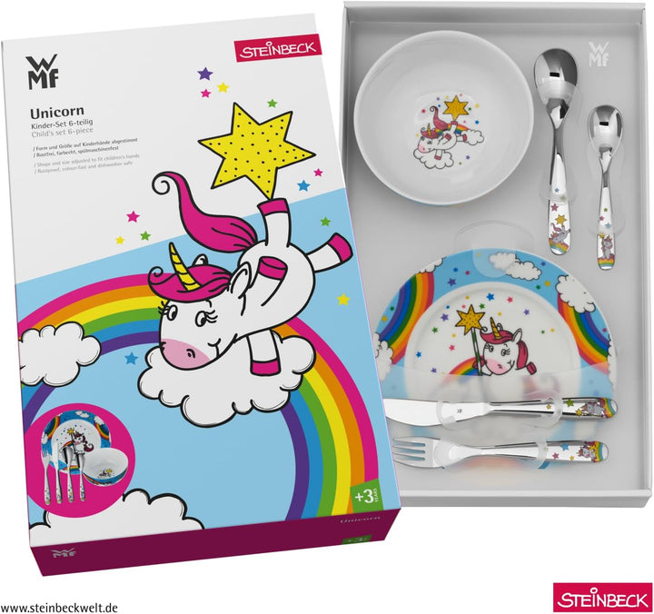 WMF Einhorn Kinder Geschirrset 6-teilig, Kindergeschirr mit Kinderbesteck Edelstahl, 3-9 Jahre, Crom