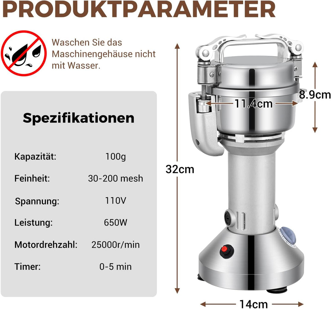Elektrische Getreidemühle Mühle, 100g Kommerzielle Gewürzmühle 400W Edelstahl Pulverisator Trockenma