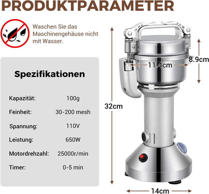 Elektrische Getreidemühle Mühle, 100g Kommerzielle Gewürzmühle 400W Edelstahl Pulverisator Trockenma