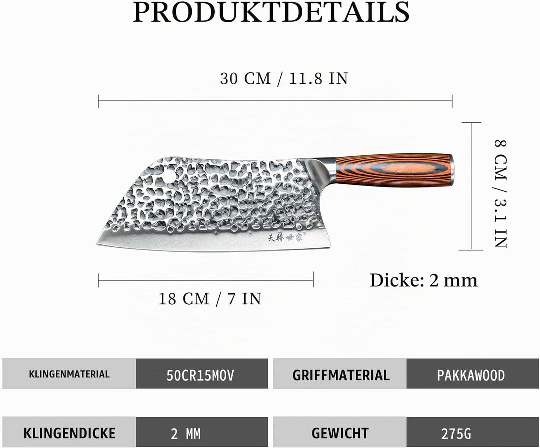 TJ POP Hackmesser Chinesisches Kochmesser Professionelles 18cm, Scharfer Full-Tang Fleischerbeil, 50