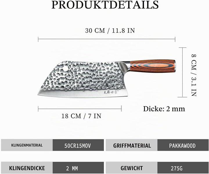 TJ POP Hackmesser Chinesisches Kochmesser Professionelles 18cm, Scharfer Full-Tang Fleischerbeil, 50