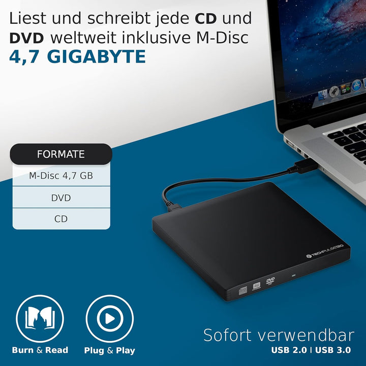 techPulse120 USB 3.0 & Type C externer CD & DVD Brenner Writer Burner Superdrive Laufwerk tragbares
