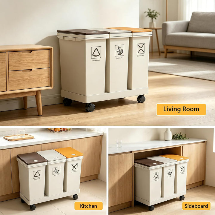 3-er Mülleimer-Set, 3 X 12L Küche Mülltrennsystem mit Standfuss | Abnehmbarer Differenzierter Abfall