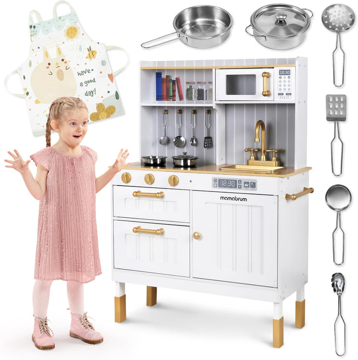 Mamabrum Kinderküche Holz, Weisse Spielzeug Küche Set mit Mikrowelle, Backofen, Spülbecken, Töpfe, P