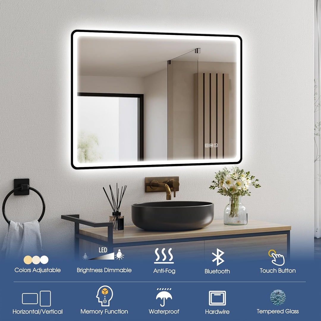 STARLEAD 80x60cm Schwarz LED-Badezimmerspiegel-mit-Beleuchtung und Bluetooth, Entfoggen, Dimmbar, 3