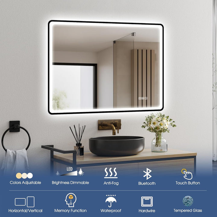 STARLEAD 80x60cm Schwarz LED-Badezimmerspiegel-mit-Beleuchtung und Bluetooth, Entfoggen, Dimmbar, 3