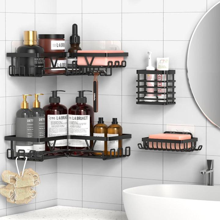 Kegii Duschablage Ecke Schwarz - 4 Stück Edelstahl Duschablage Ohne Bohren mit Seifenschale & Zahnbü