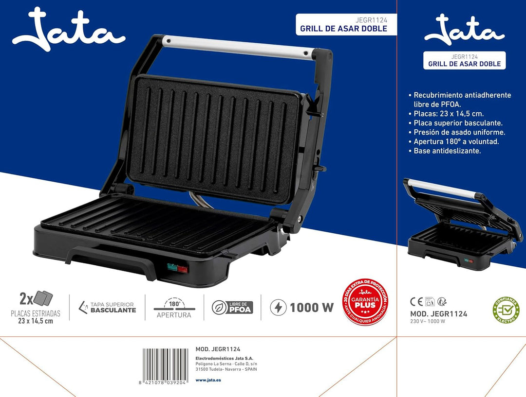JATA JEGR1124 Elektrogrill und Grill mit geriffelten antihaftbeschichteten Platten, 23 x 14,5 cm, 10