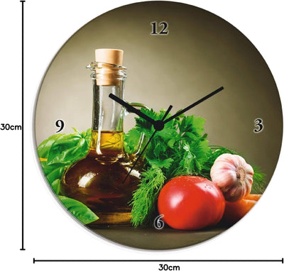 ARTLAND Wanduhr ohne Tickgeräusche Glas Funkuhr Ø 30 cm Rund Lautlos Italien Essen Gemüse Gewürze Kr