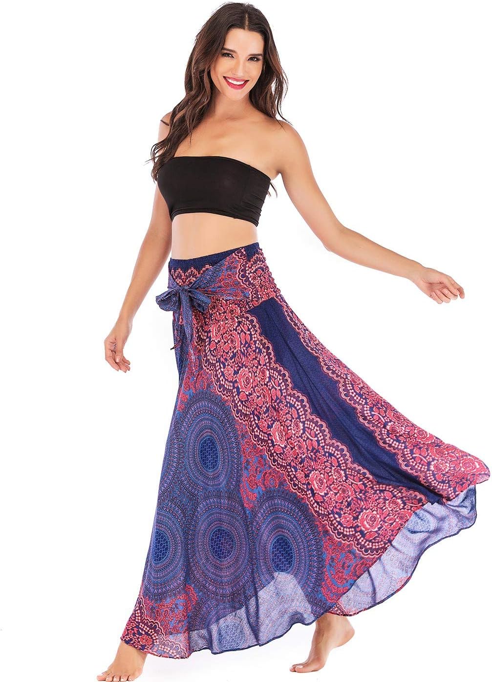 FEOYA 2 in 1 Rock Damen Lang Sommer Maxirock Damen Boho Strandrock Blumen Hohe Taille Rock Hippie Da