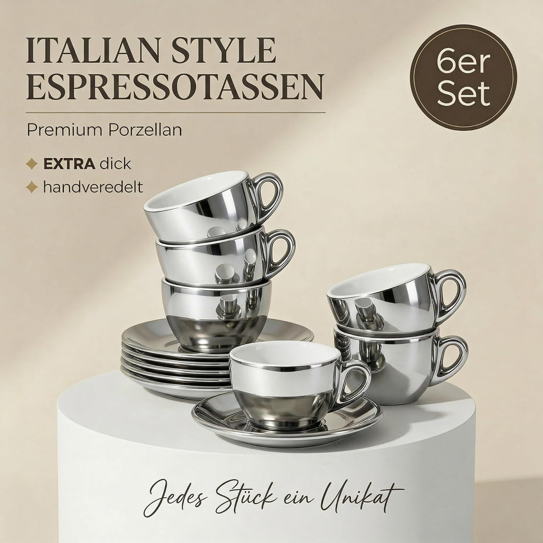 6x Espressotassen | Silber Chrome | Italian Style | dickwandig &amp; schwer | Espresso 6er Set mit Unter