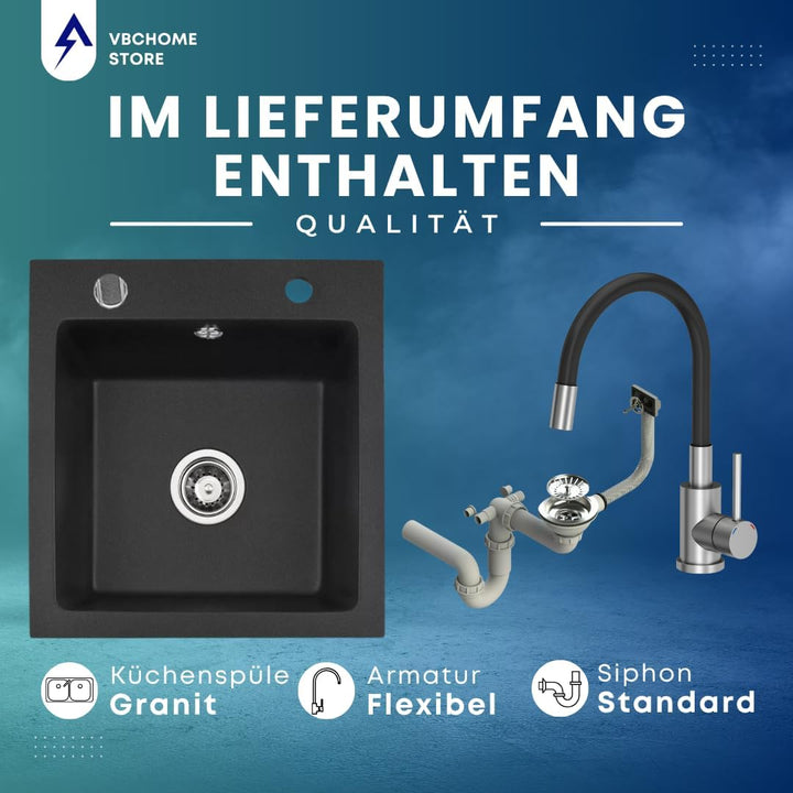 VBChome Granitspüle 50 x 48 cm Schwarz mit flexibler Armatur Einzelbecken Einbauspüle Gesprenkelt Pf