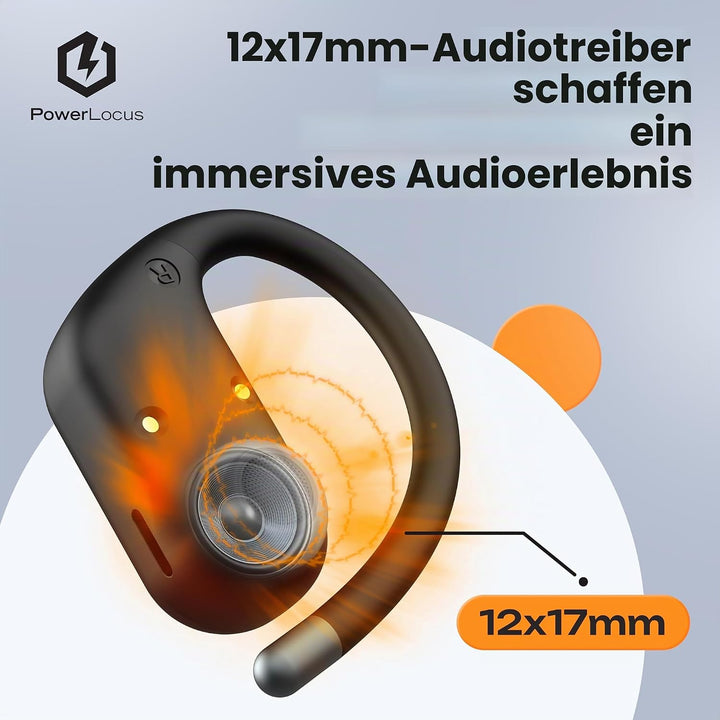PowerLocus Kabellose Sport-Kopfhörer, Open-Ear Kopfhörer mit flexiblem Ohrbügel, Stereo-Sound, wasse