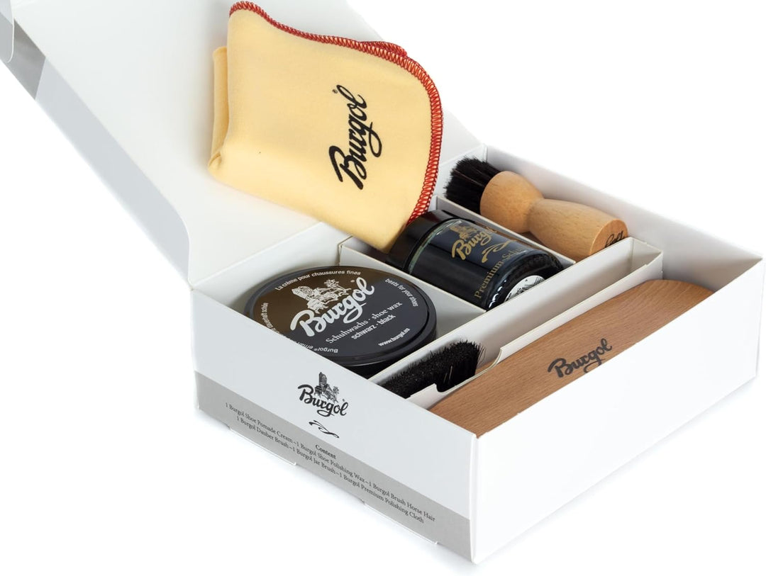 Burgol Schuhpflegeset Basic mit Schuhpomade, Schuhwachs, Rosshaarbürsten und Poliertuch: Farbe: Mitt