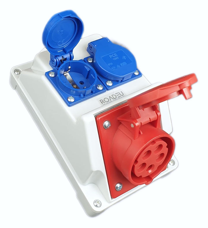 RoadEu - Kombi Wandsteckdose 16A 5P - Wandverteiler 16A mit 2x Schuko 230V - Stromverteiler IP44 - I