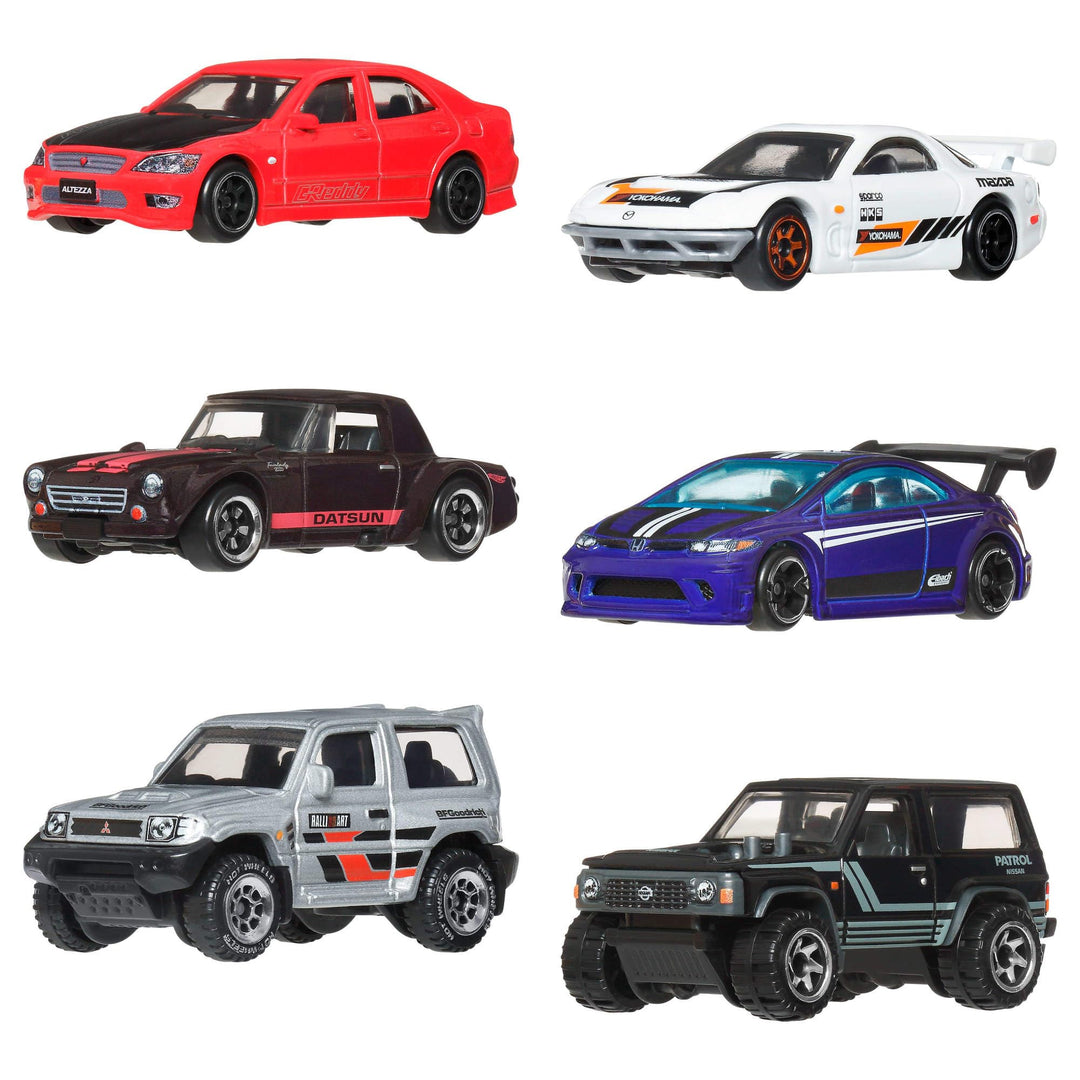 Hot Wheels Die-Cast-Spielzeugautos im Massstab 1:64, Set mit 6 japanischen Fahrzeugen mit hochwertig