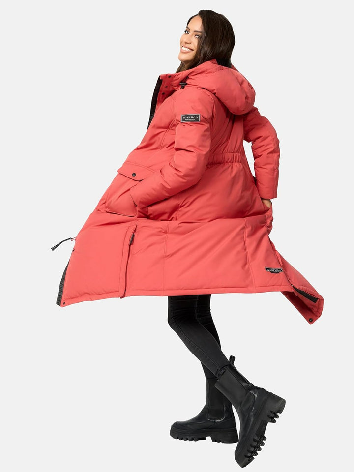 Navahoo Damen Wintermantel Warmer Mantel extralang mit Kapuze Wolkenfrost XIV XS-XXL XXL Rouge, XXL
