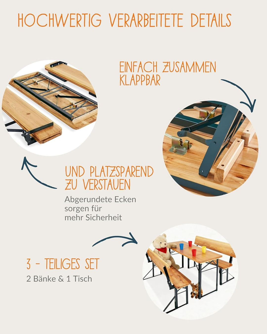 PINOLINO Kinderfestzeltgarnitur Sepp, aus Holz und Metall, 3-teilig, einfach zusammenklappbar, empfo