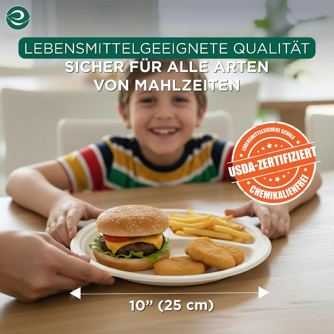 ECO SOUL 25 Cm (10 Zoll) Kompostierbare weisse Teller 3-geteilt (200 Stück) | 100% Biologisch Abbaub