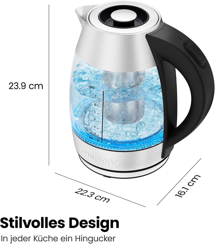 Chefman Elektrischer Wasserkocher Glas mit Teesieb, 1.8 Liter, LED-Anzeige, Abnehmbarer Deckel für L