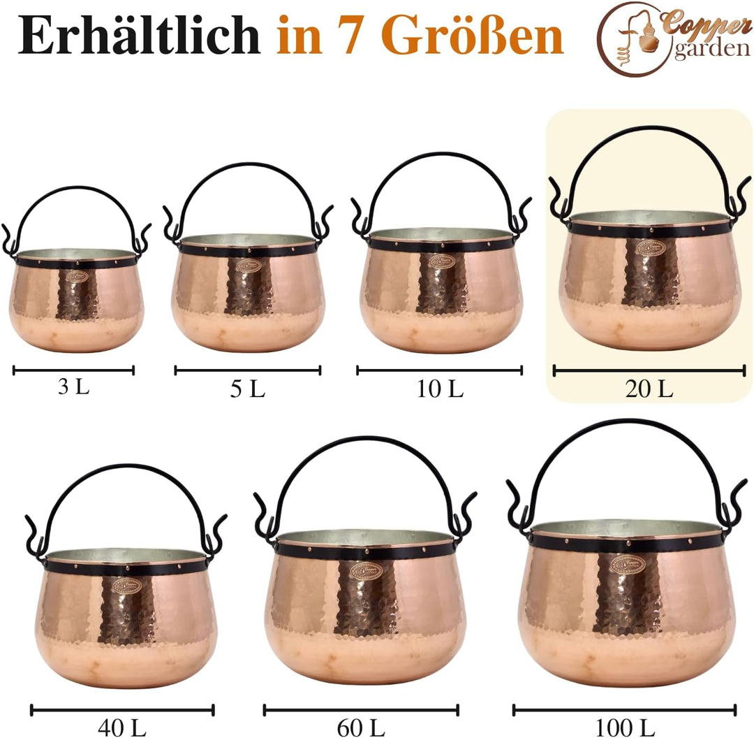 CopperGarden Kupferkessel 20 L mit Henkel I Robuster Kessel aus verzinntem Kupfer: Ideale Wärmeleitu