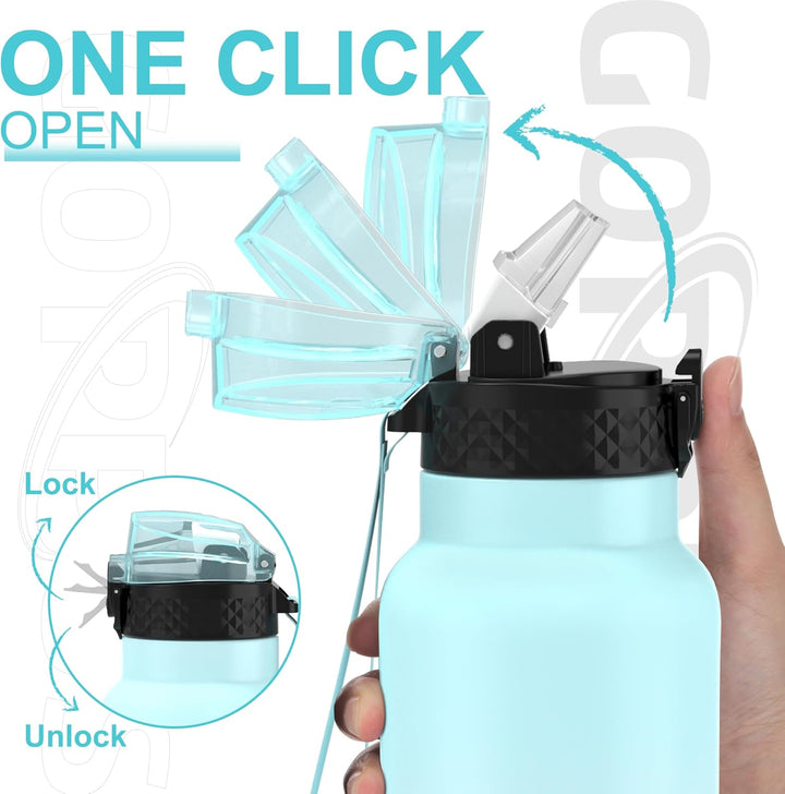 GOPPUS Edelstahl Trinkflasche-750ml mit Strohhalm & 3 Deckel,BPA frei, Kohlensäure Geeignet, Thermos