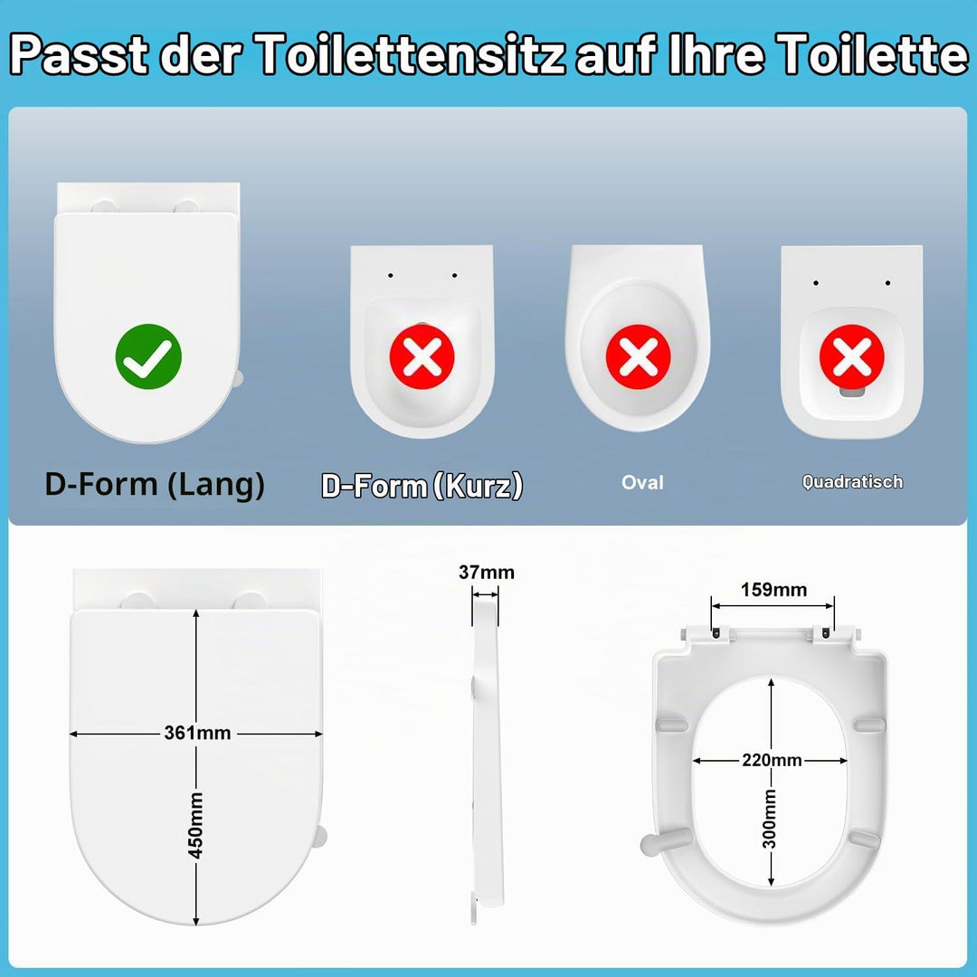 YEAUPE PRO Toilettendeckel mit Absenkautomatik D Form [LANG], WC-Sitz einfache Montage, Quick-Releas