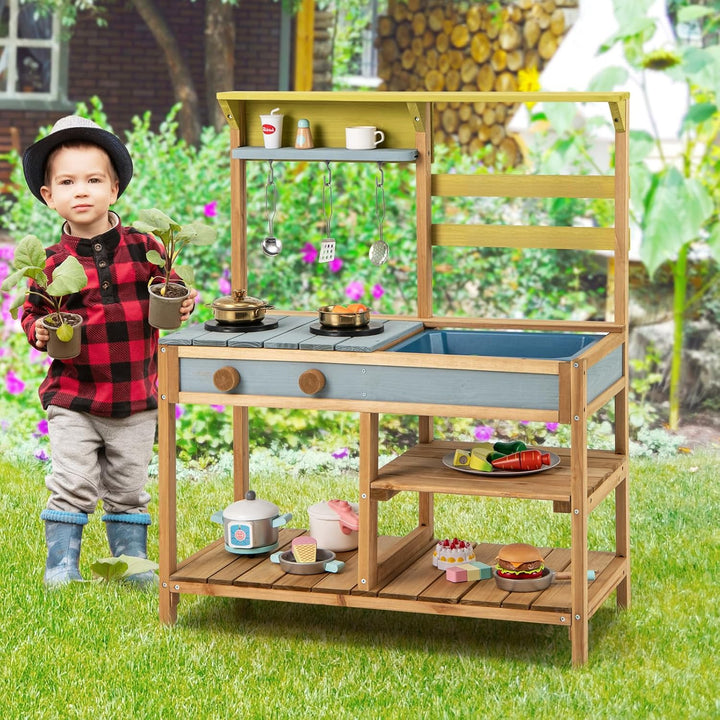 COSTWAY Matschküche Kinder Outdoor, Kinderküche Holz mit Spüle, Spielküche mit Haken & abnehmbarem R