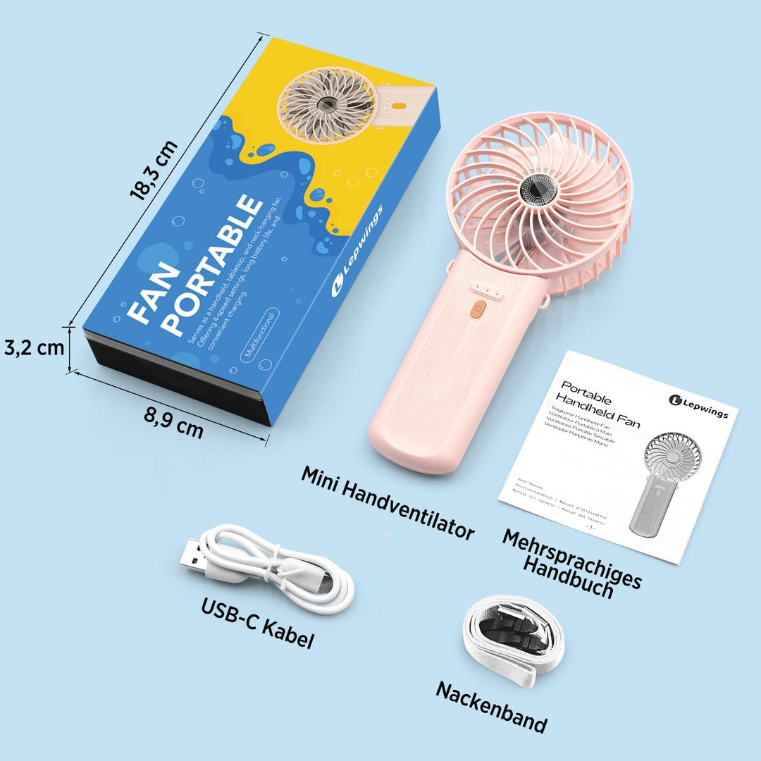 Lepwings Handventilator, Mini Ventilator USB Wiederaufladbar, 5,5-16 Std. Laufzeit, 4 Windgeschwindi