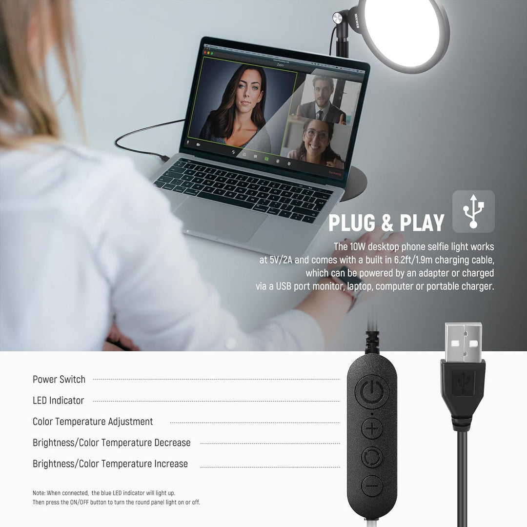 NEEWER Basic 7" Selfie Licht Set, Tisch Handy Ringleuchte, 10W 3000K-6500K Dimmbares Vollbild Ring L