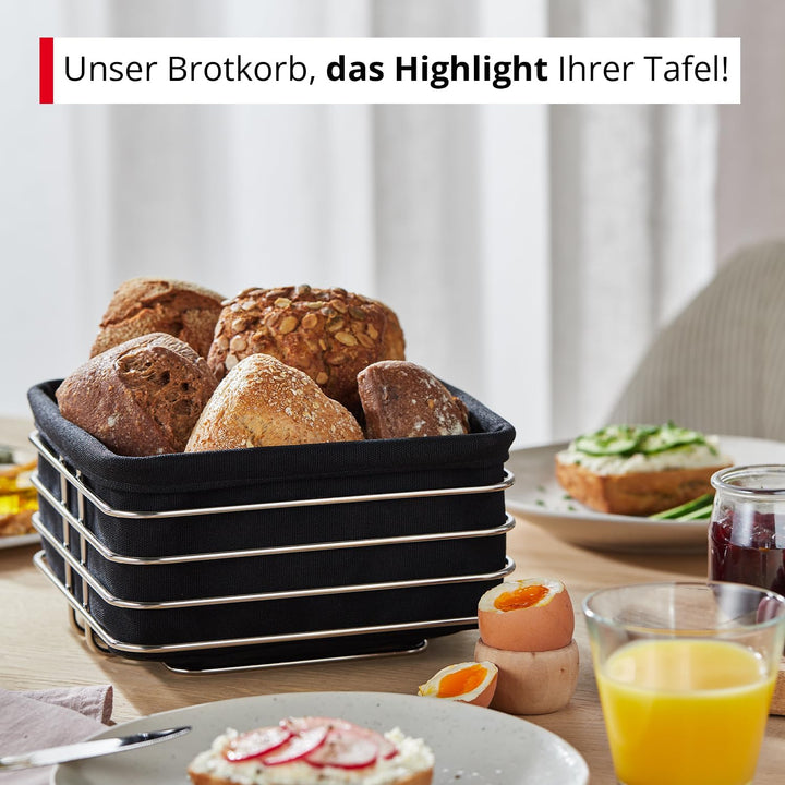 Meisterkoch Brotkorb aus Metall mit Stoffeinsatz, eckig 20x20 cm, Brötchenkorb aus Edelstahl, Stoffe
